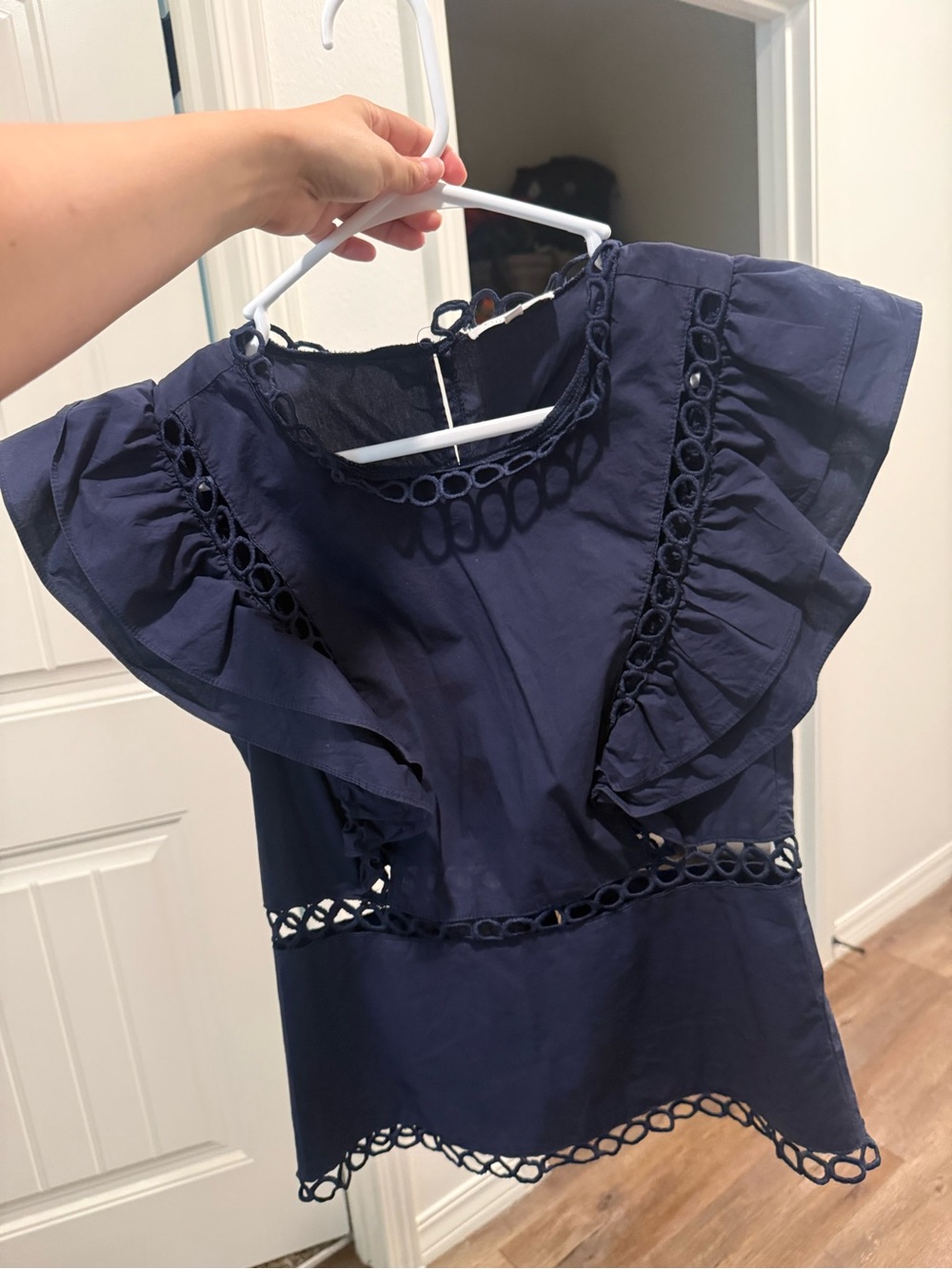 Lulumari Navy Crochet-Loop Detail Short Sleeve Top